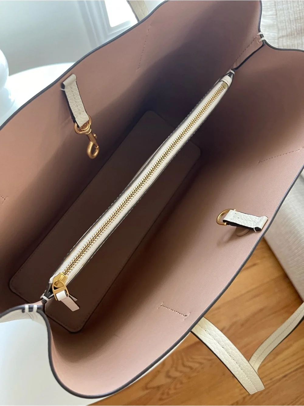 Tory Burch Cream Pebbled Leather Tote with Gold Logo